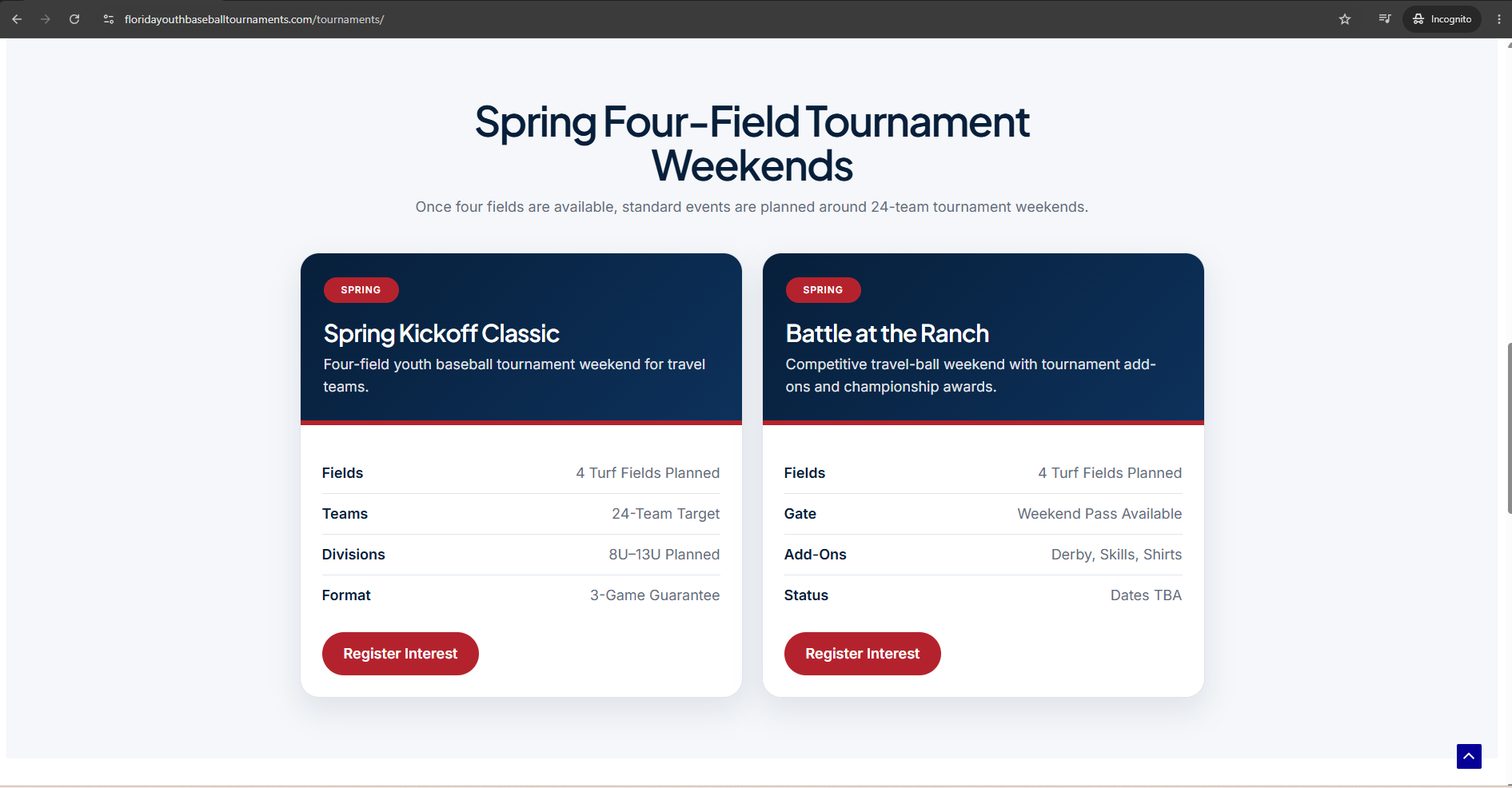 Florida Youth Baseball Tournaments website